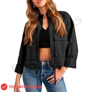 Cropped Utility Jacket Lightweight Military Safari Casual Zip Up Coat with
